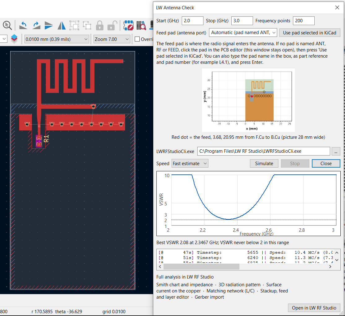 LW Antenna Check in the KiCad PCB editor: a meander antenna, the feed preview and the VSWR curve